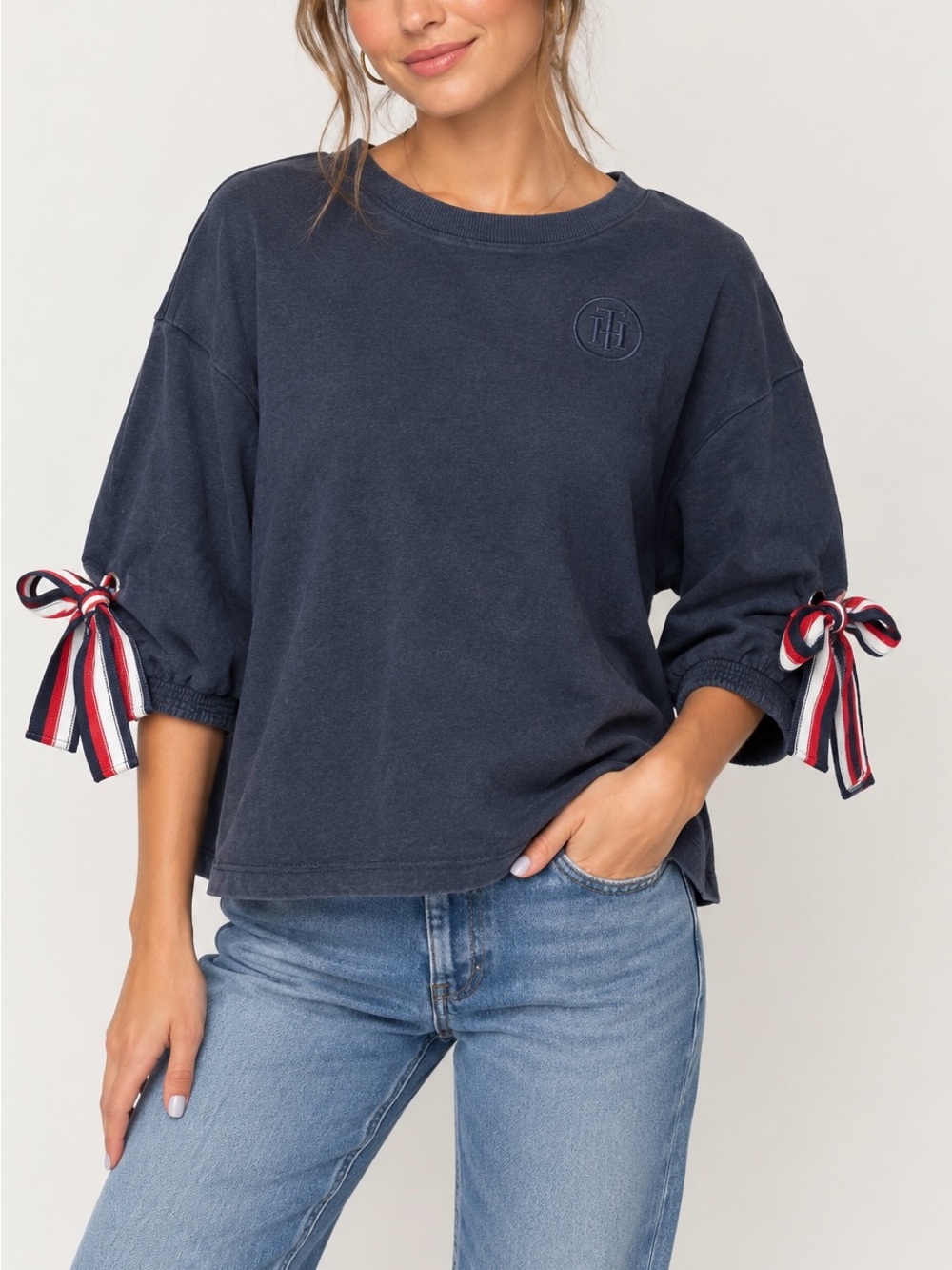 Tommy Hilfiger Navy Pullover with Red-White-Blue Ribbon Cuffs